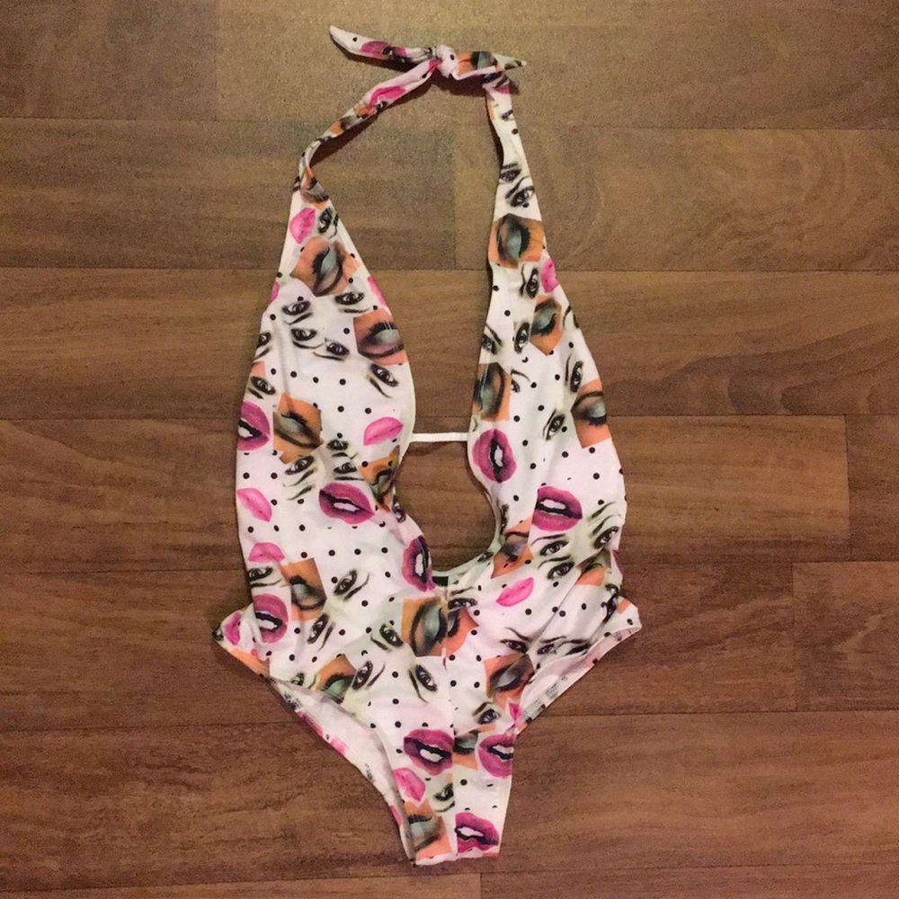 RARE Eyes Lips Graphic Low Cut One Piece